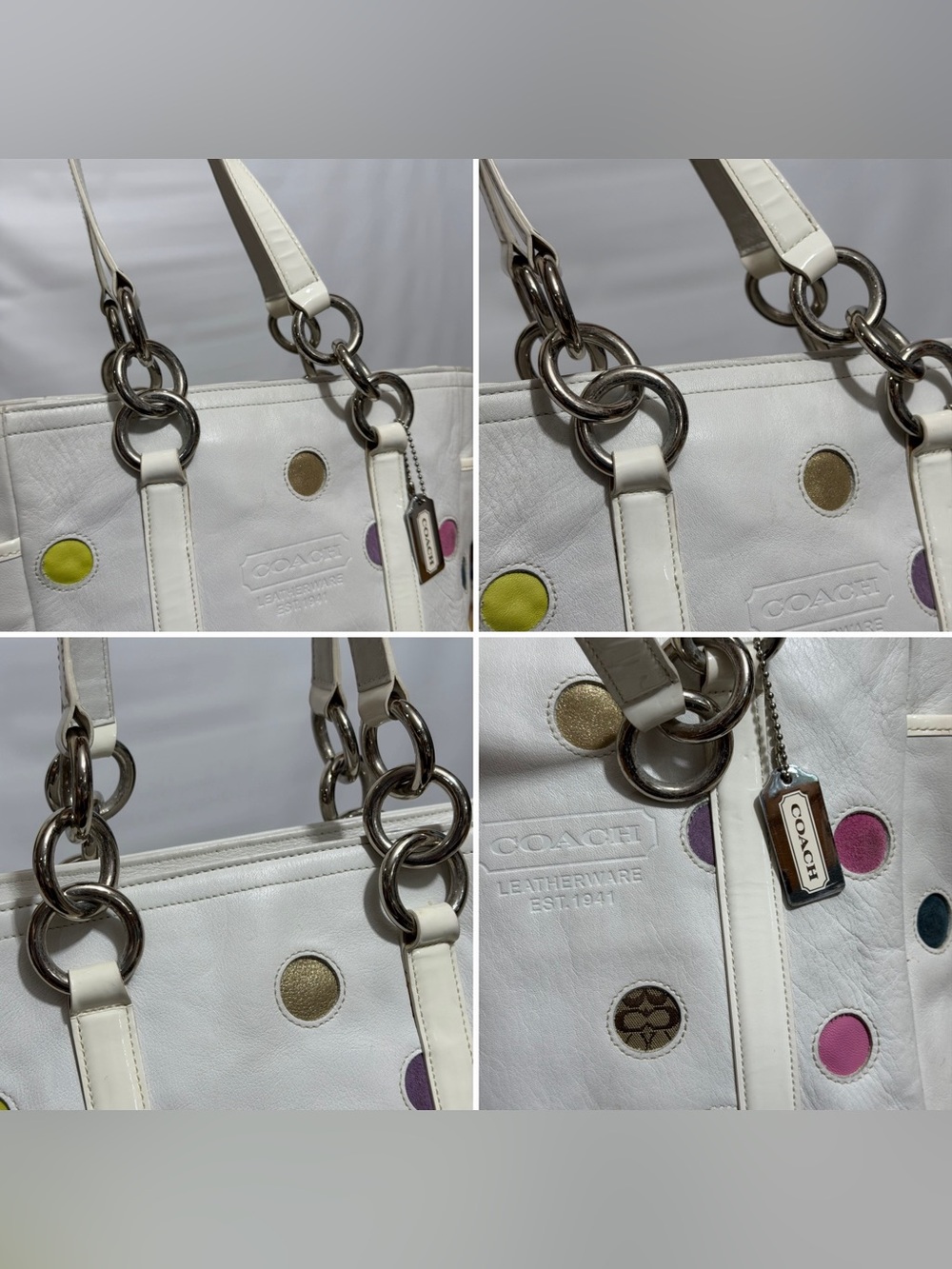 Coach β’ 9763 White Leather Multicolor Polka Dot Gallery Tote Shoulder Bag Y2K - Picture 12 of 16
